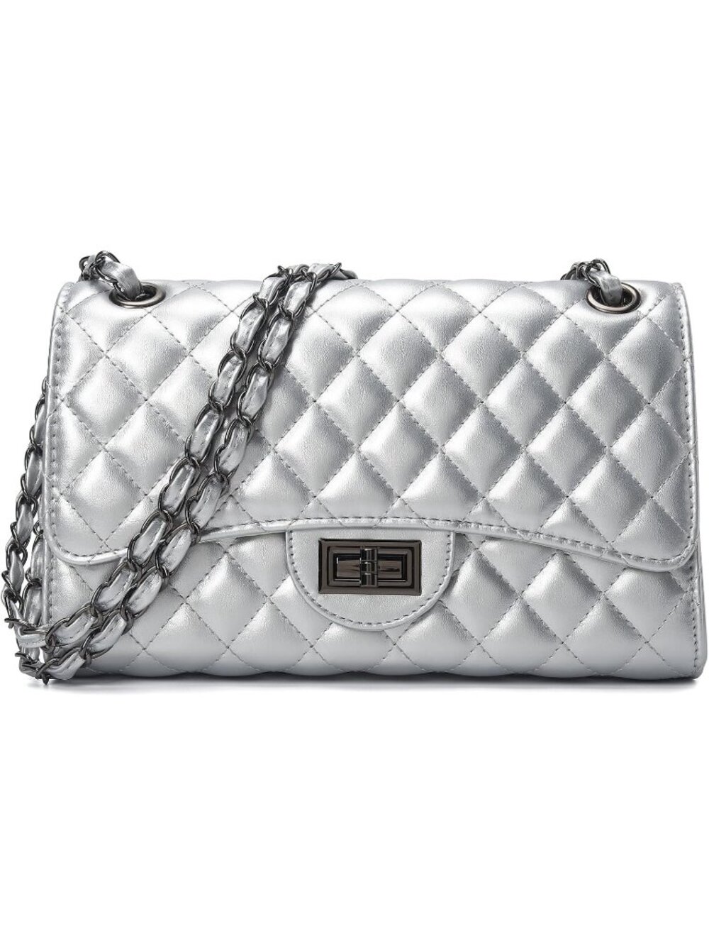 Women's Silvery Quilted Leather Satchel Chain Strap Crossbody Shoulder Bag